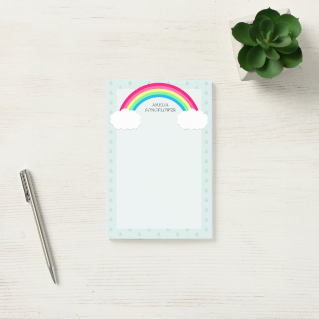 Rainbow Clouds and Heart Raindrops Personalised Post-it Notes (Office)