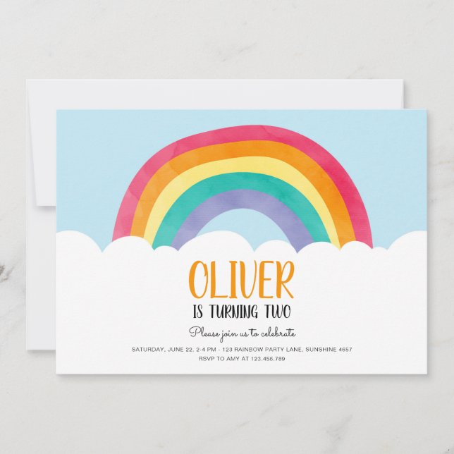Rainbow Clouds Blue Boy Fun Birthday Invitation (Front)