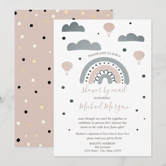 Rainbow,Clouds,Dots Virtual Baby Shower By Mail Invitation (Front/Back)