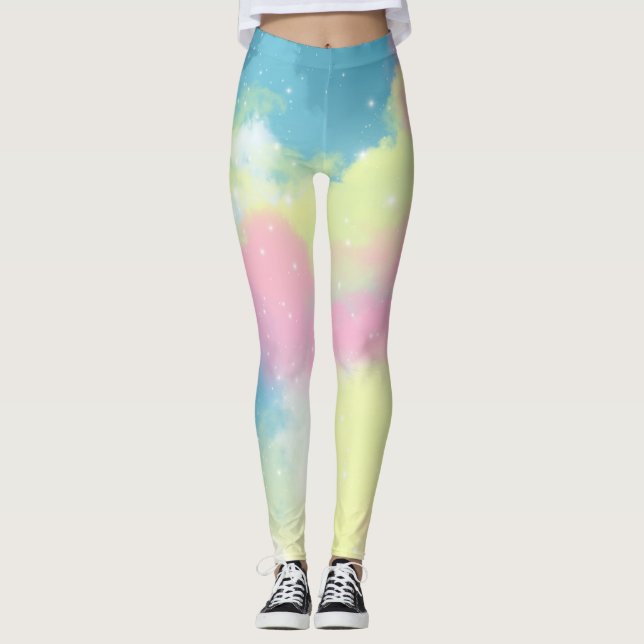 Rainbow clouds glitter sparkle stars leggings (Front)