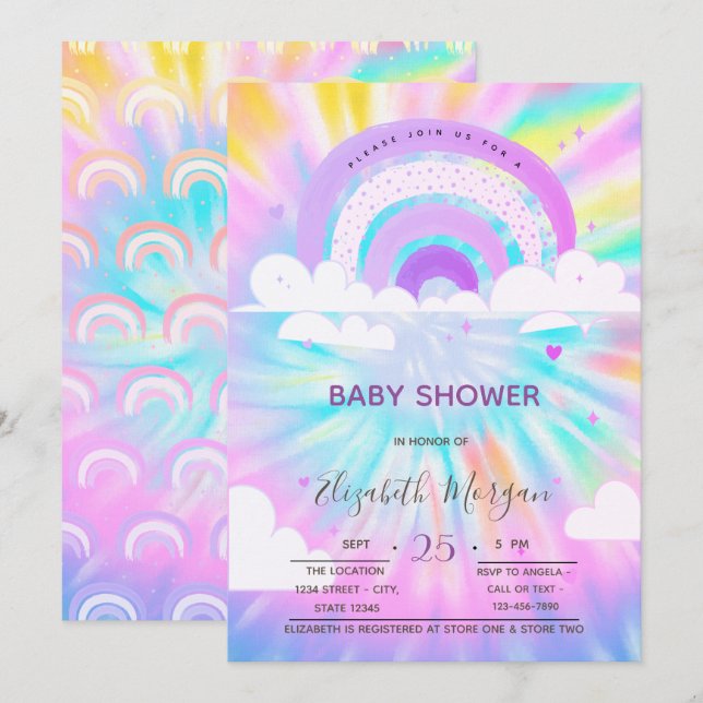 Rainbow Clouds Hearts Tie Dye Baby Shower Invitation (Front/Back)
