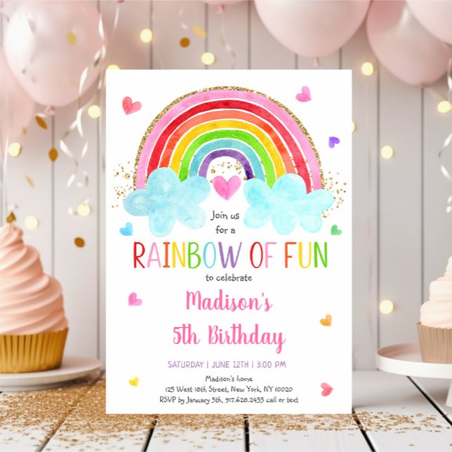 Rainbow Clouds Pink Gold Birthday Invitation (Creator Uploaded)