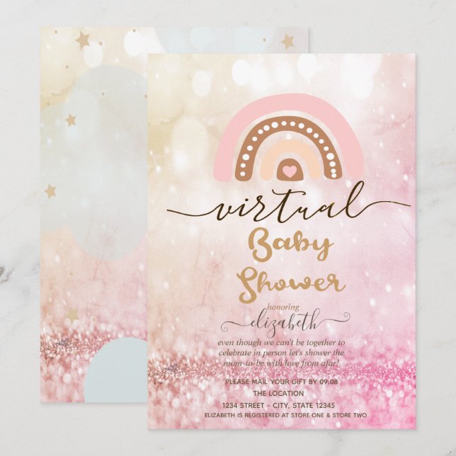 Rainbow,Clouds Stars Bokeh Virtual Baby Shower Invitation (Front/Back)