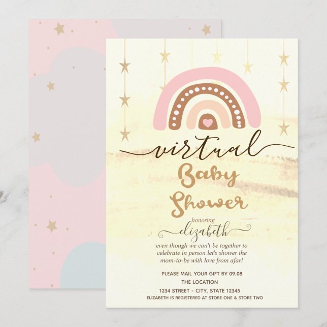 Rainbow,Clouds Stars Virtual Baby Shower Invitation (Front/Back)