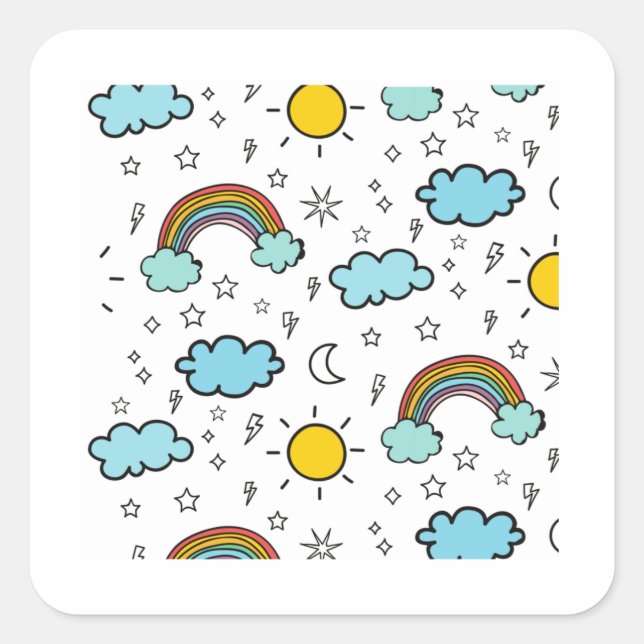 Rainbow Clouds Sun Stars Pattern For Kids Square Sticker (Front)