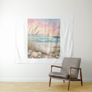 Rainbow Coast Serenity – Pastel Seascape with Sail Tapestry