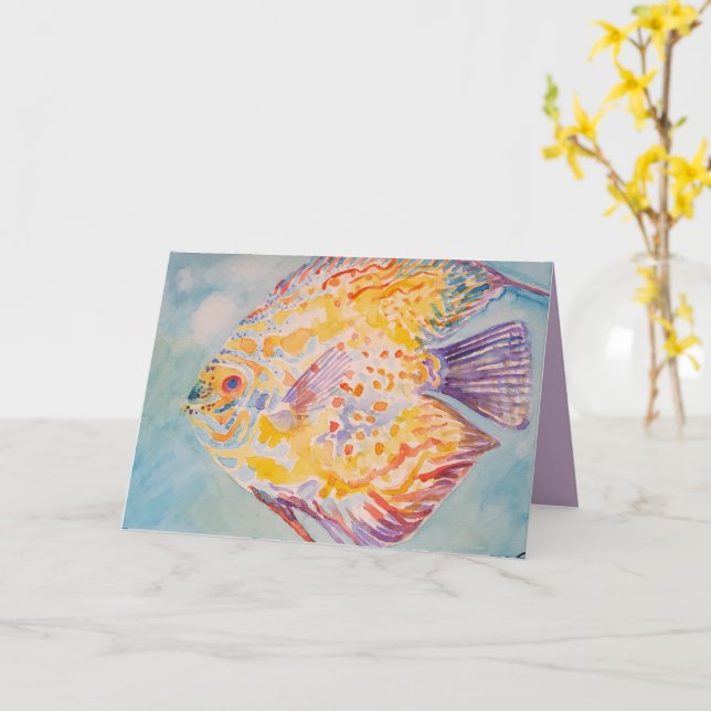 Rainbow Colored Fish Watercolour Birthday Card (Yellow Flower)