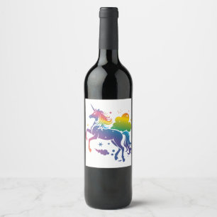 Rainbow colored unicorn design wine label