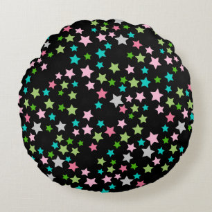 Rainbow Colorful Stars Black Starry Night Round Cushion