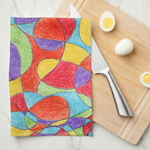 Rainbow Colors Hand Drawn Crayon Doodle Pattern Tea Towel