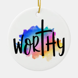 RAINBOW COLORS THE WORD WORTHY CERAMIC TREE DECORATION