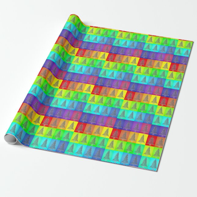 Rainbow colour block Christmas Trees  gift wrap (Unrolled)
