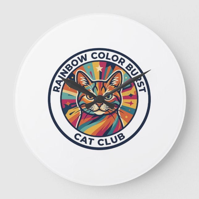 Rainbow Colour Burst Cat Cute Kitty Design - Rainb Large Clock (Front)