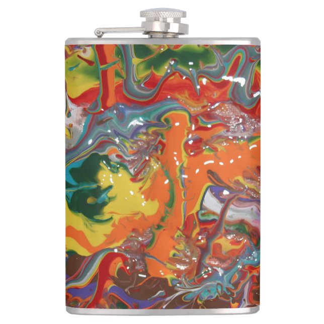 Rainbow Colour Flow Paint Art Hip Flask (Front)