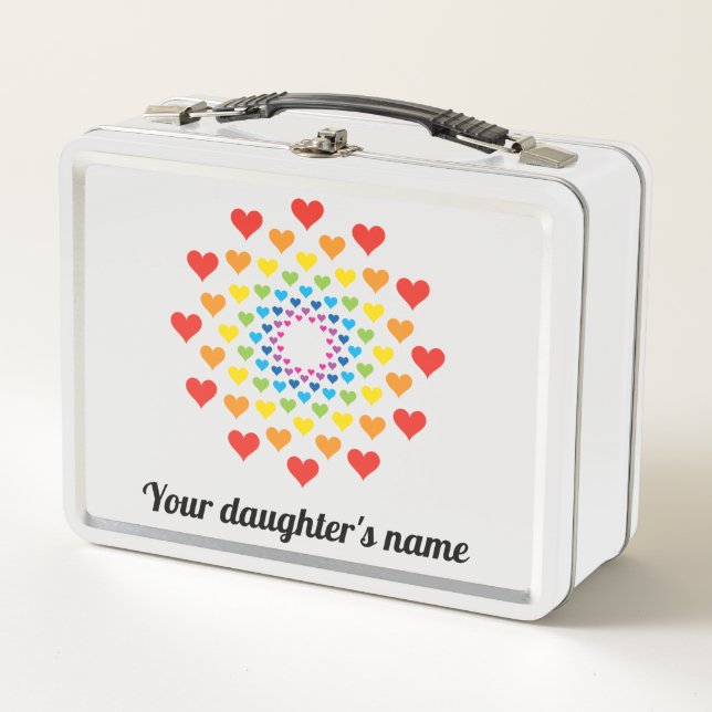 Rainbow colour hearts custom metal lunch box (Front)