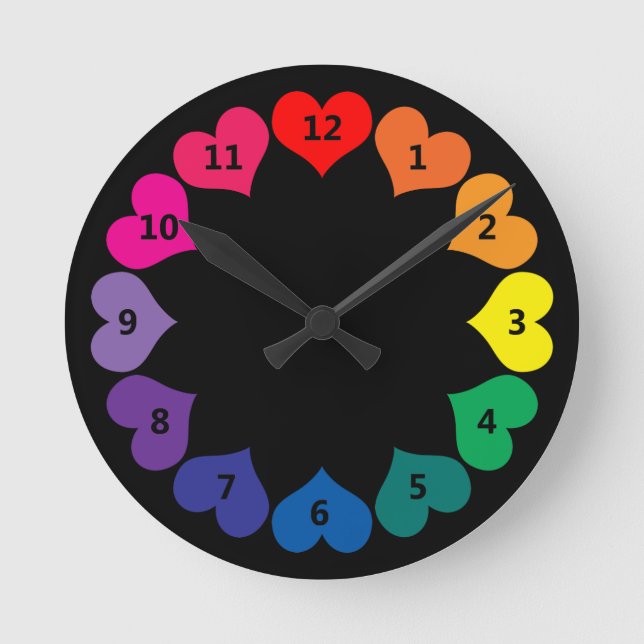 Rainbow Colour Hearts on Black Clock with Numbers (Front)