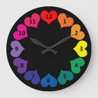 Rainbow Colour Hearts on Black Clock with Numbers