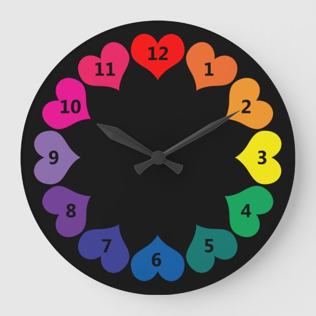 Rainbow Colour Hearts on Black Clock with Numbers (Front)