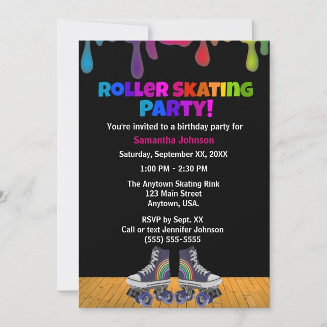 Rainbow Colour Paint Drip Roller Skating Birthday Invitation (Front)