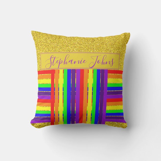 Rainbow Colour Stripes Gold Glitter Name Wedding Cushion (Front)