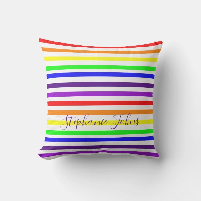Rainbow Colour Stripes Lines Cute Monograms Name Cushion (Front)