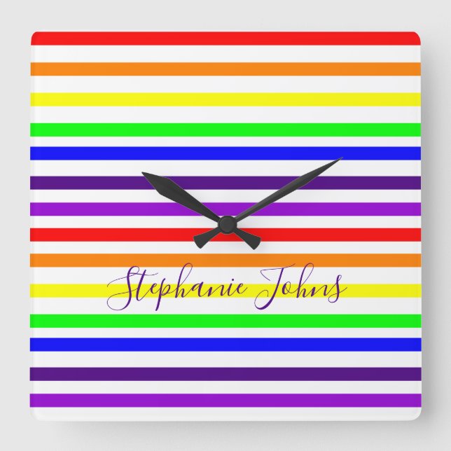 Rainbow Colour Stripes Lines Monogram Name Colourf Square Wall Clock (Front)