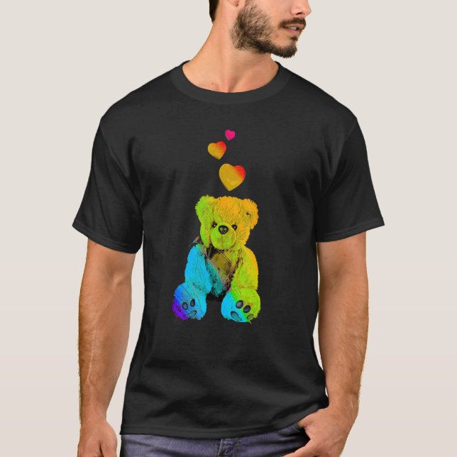 Rainbow Colour Teddy Bear with Hearts Colourful T-Shirt (Front)