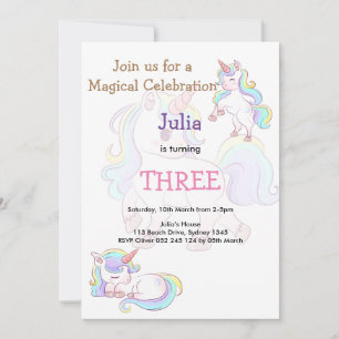 Rainbow colour Unicorn baby girl birthday Invitation