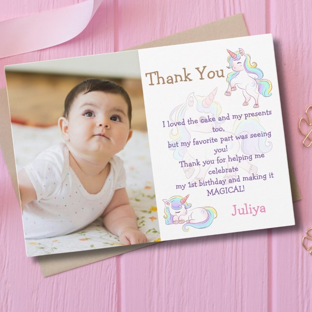 Rainbow colour Unicorn baby girl birthday photo Thank You Card (Creator Uploaded)