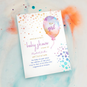 Rainbow Colour Watercolor Balloon Baby Girl Shower Invitation