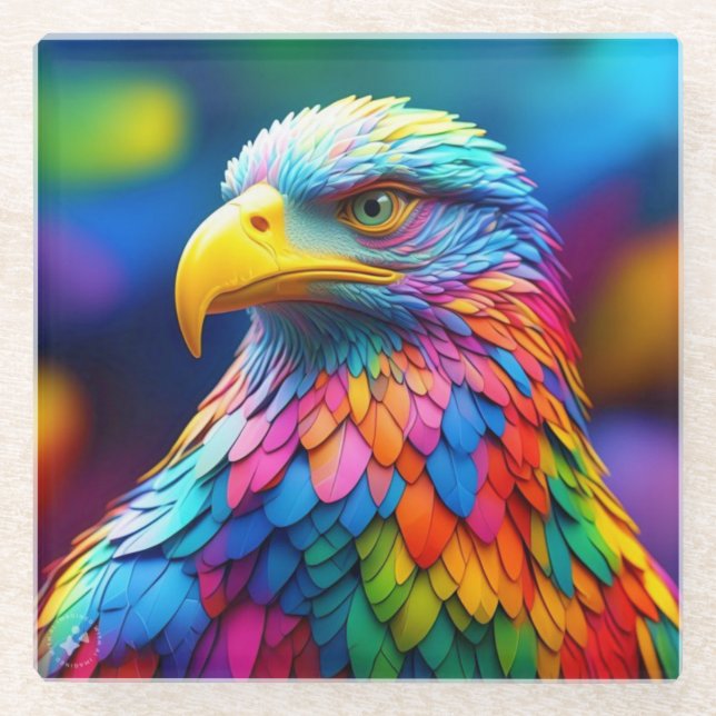 Rainbow Coloured Bald Eagle-65456 Glass Coaster (Front)
