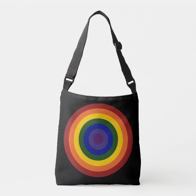 Rainbow Coloured Bullseye Design on Black Crossbody Bag (Front)