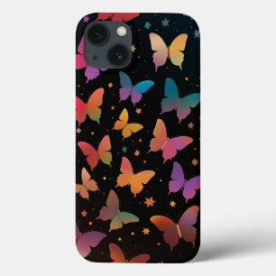 Rainbow Coloured Butterflies Galaxy Stars on Black iPhone 13 Case