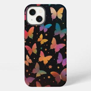 Rainbow Coloured Butterflies Galaxy Stars on Black iPhone 13 Case