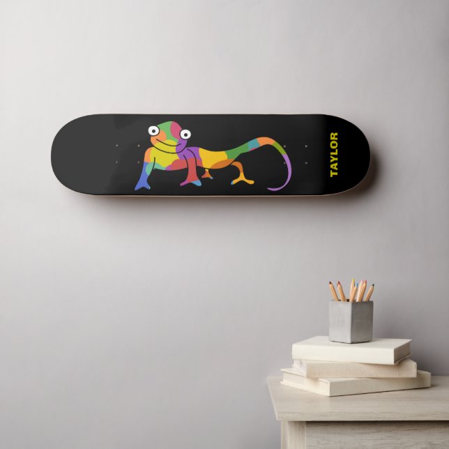 Rainbow Coloured Cartoon Chameleon Personalised Skateboard (Wall Art (Horz))