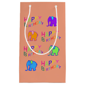 Rainbow Coloured Cute Cartoon Elephants Birthday Small Gift Bag