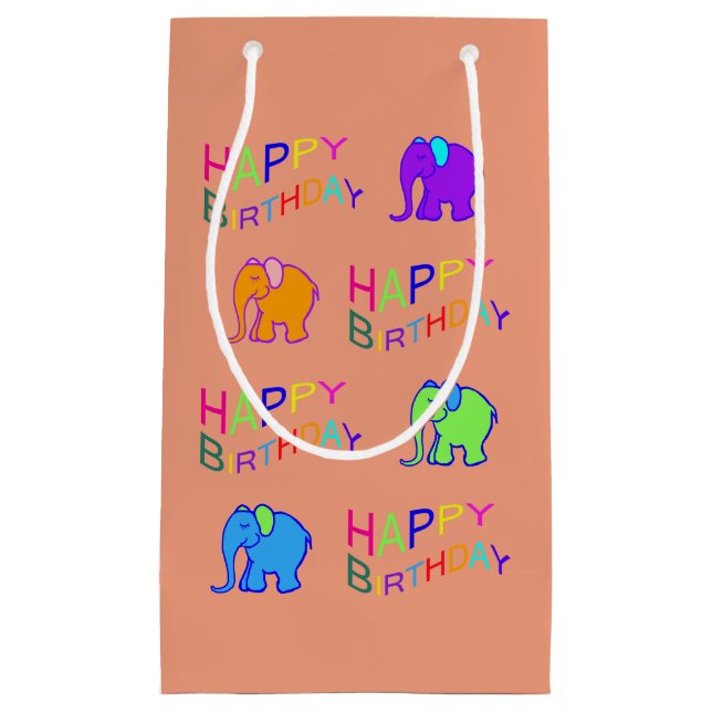 Rainbow Coloured Cute Cartoon Elephants Birthday Small Gift Bag (Front)