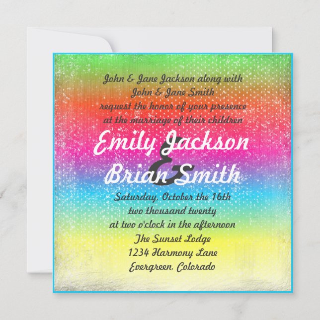 Rainbow coloured distressed wedding invitations (Front)