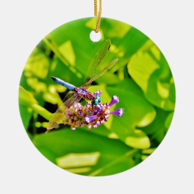 Rainbow coloured Dragonfly  on a purple pink flowe Ceramic Tree Decoration (Front)
