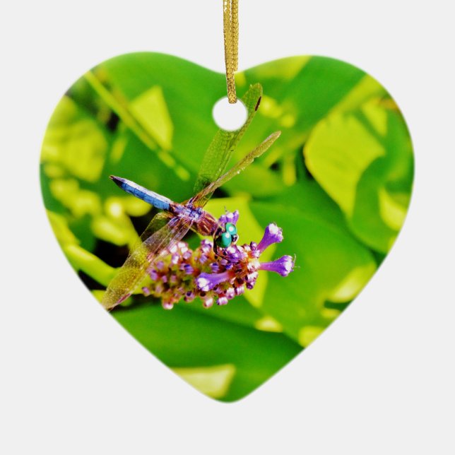Rainbow coloured Dragonfly  on a purple pink flowe Ceramic Tree Decoration (Front)