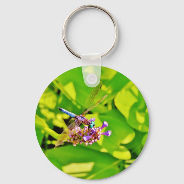Rainbow coloured Dragonfly  on a purple pink flowe Key Ring (Front)
