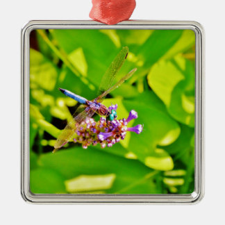 Rainbow coloured Dragonfly on a purple pink flowe Metal Tree Decoration
