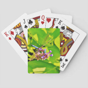 Rainbow coloured Dragonfly on a purple pink flowe Playing Cards