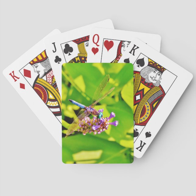 Rainbow coloured Dragonfly  on a purple pink flowe Playing Cards (Back)