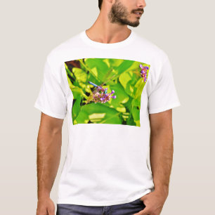 Rainbow coloured Dragonfly  on a purple pink flowe T-Shirt