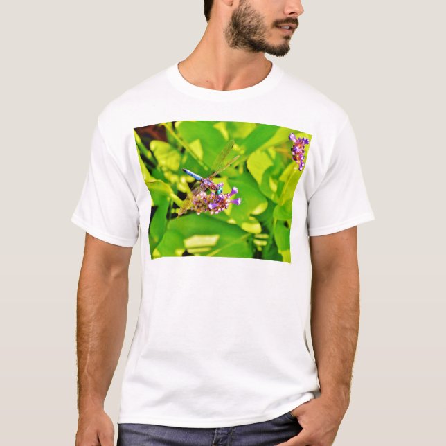 Rainbow coloured Dragonfly  on a purple pink flowe T-Shirt (Front)