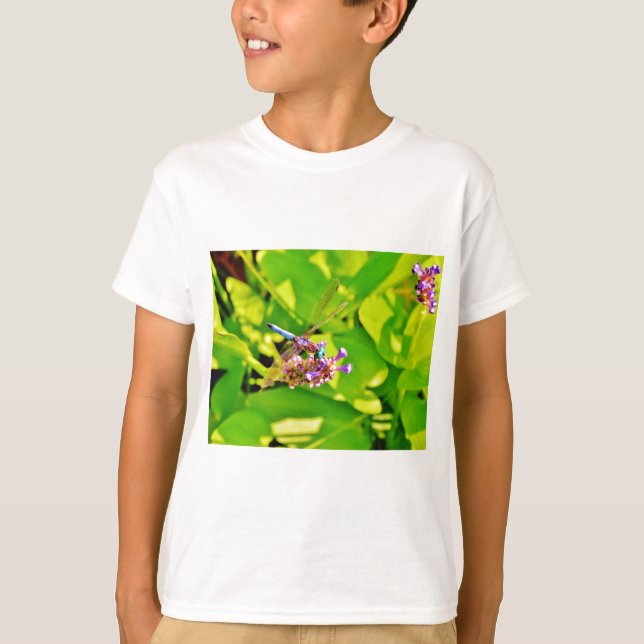 Rainbow coloured Dragonfly  on a purple pink flowe T-Shirt (Front)