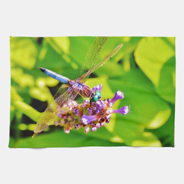 Rainbow coloured Dragonfly  on a purple pink flowe Tea Towel (Horizontal)