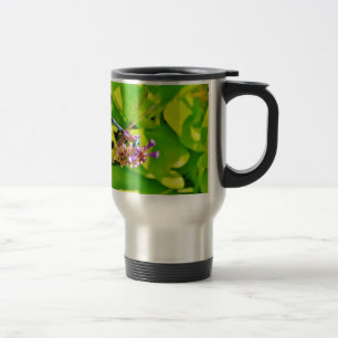 Rainbow coloured Dragonfly  on a purple pink flowe Travel Mug