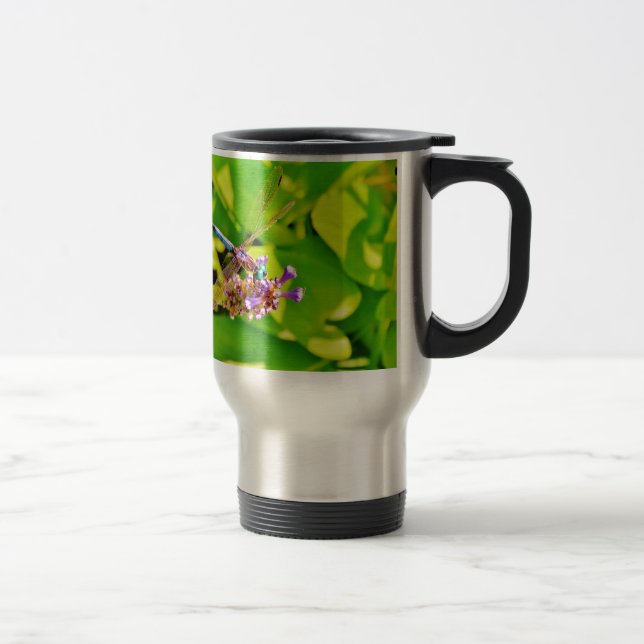 Rainbow coloured Dragonfly  on a purple pink flowe Travel Mug (Right)